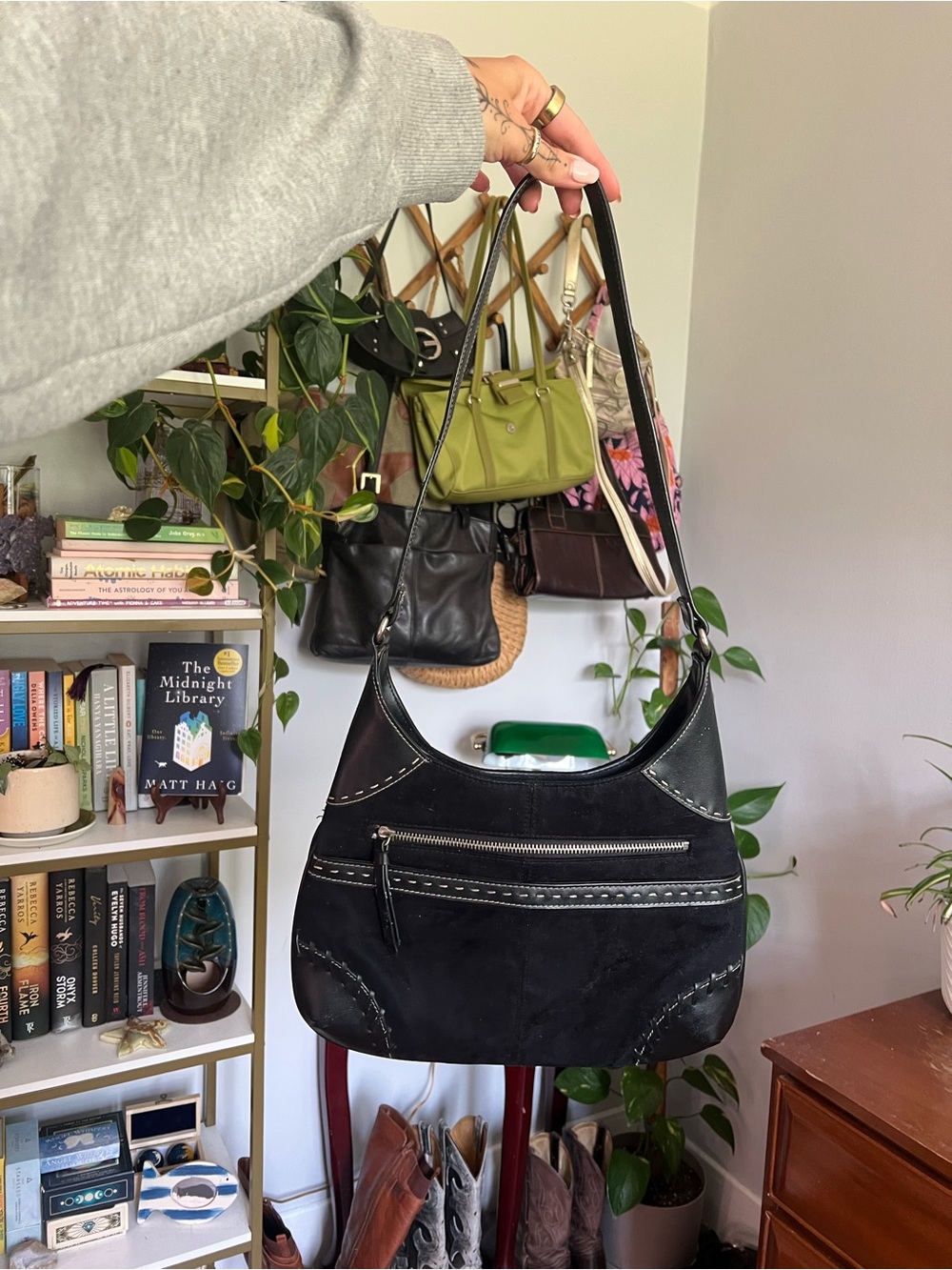 Black Suede Shoulder Bag - Classic Women's Handbag